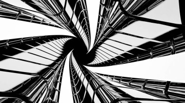 Geleceğin siyah ve beyaz metalik yapısı girdap şeklinde soyut bir tünel oluşturuyor.