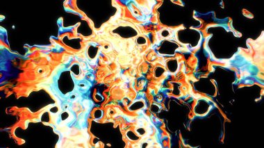 Yanardöner sıvı akışı siyah arkaplana karşı soyut ve soyut psikedelik dokular oluşturur