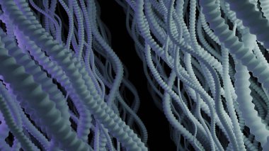 Karmaşık mavi organik yapılar dalgalanır ve koyu bir arkaplana doğru zarif bir şekilde akar.