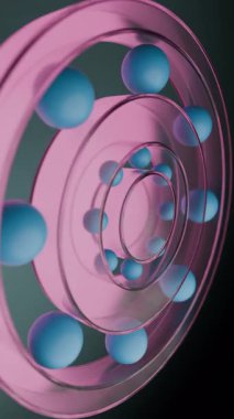 Blue spheres rolling endlessly inside a pink glass spiral in a satisfying seamless loop