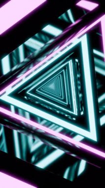 Endless flight through a rotating futuristic corridor of glowing geometric shapes and neon lights