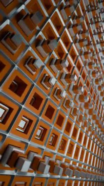 Intricate grid of orange and metallic squares moving in a seamless, hypnotic looping pattern
