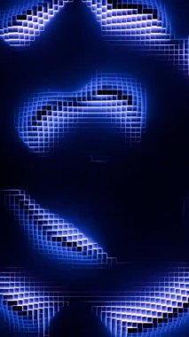 Glowing blue organic shapes made of pixel cubes morphing on a dark background