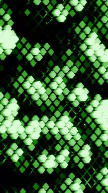 Bir ızgaradaki dijital yeşil küpler kusursuz bir döngüde soyut animasyon desenleri oluşturuyor