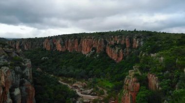 dramatik kırmızı uçurum kanyonu yoğun yeşil bitki örtüsü ve kıvrımlı kurak nehir yatağı, engebeli kumtaşı ile kaplıdır.
