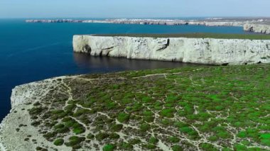 Uçsuz bucaksız mavi deniz manzaralı çimenli yeşil kayalık plato, kapalı hava görüntüsü desenli bitki örtüsü, saf
