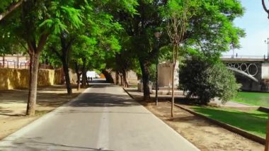 Güneşli bir günde, bir nehrin yanındaki asfalt yolda geriye doğru giden kişisel perspektif. Medya