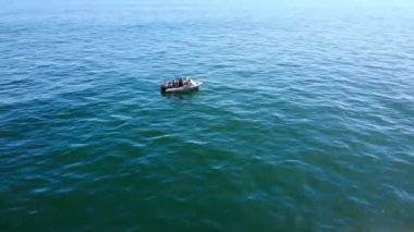 Güneşli turkuaz okyanusta sürüklenen iki yolcuyla küçük bir sandal, havadan çekilen ışıltılı sahneleri yakalıyor. Medya