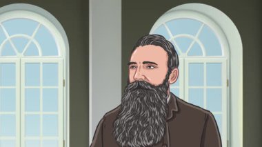 Müzedeki Sakallı Kafkasyalı Müze Müdürü Kemerli Pencere 'nin yanındaki Bronz Heykel' e doğru hareket ediyor.