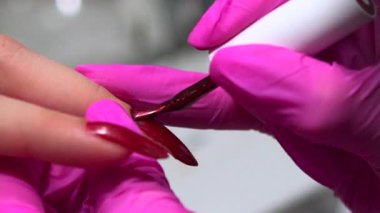 Yakından Çeken Eller, Eldiven Teknisyeniyle Kırmızı Jel Cilalayan Uzun Tırnaklar, Dikkatli Fırça Vuruşları. Medya