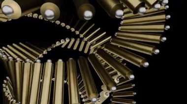 Altın Silindirler Dönen Sarmal, Yörünge Boncukları ve Metalik Küreler Yüksek Karşıtlık Siyah Arkaplan,