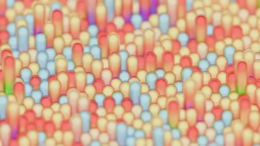 Pastel Sütun Çayırı Yumuşak Odaklanma Şekerli Silindirlerin Makro Sahnesi ve Yükselen Yuvarlak Boncuklar