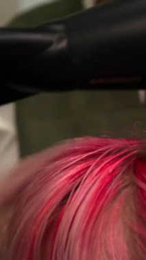 Stilist, pembe saç şekillendirmek için yuvarlak fırça ve kurutucu kullanıyor, kökleri yakın ısıtmalı başlık, çarpışma bölümleri. Medya