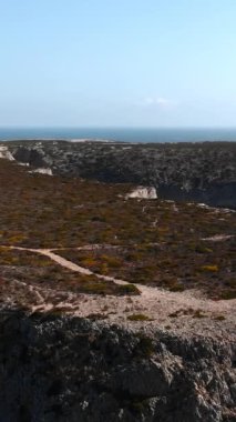 Heathland Yolu Uçurumun Kıyısında Dolaşır Okyanus Koyu, Low Scrub, Rocky Zemin, Panoramik Kıyı. Medya