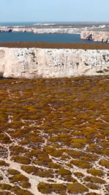 Altın ovaların ve dolambaçlı yolların üzerinde beyaz kayalık yüz, solgun kaya ve kireç rengi arasındaki zıtlık. Medya