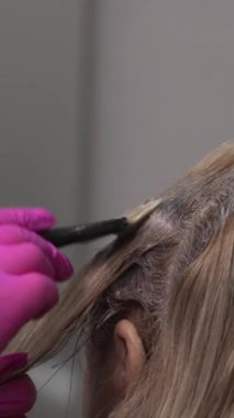 Kapanış stilisti Doymuş Boyalar Kafkasyalı Sarışın Müşteri 'nin Küçük Fırça ve Pembeli Üzerine Boyalar. Medya