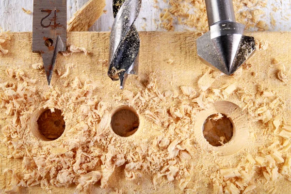 Drilling Wood Steel Drills Countersinks Minor Carpentry Work Workshop Light — Stock Photo, Image