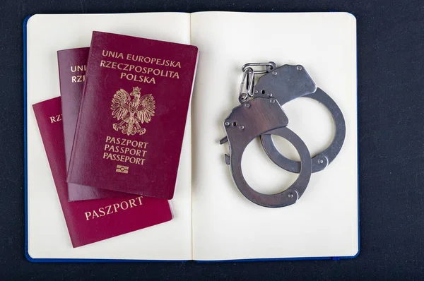 パスポート 手帳をテーブルの上に 警察署の机の上のアクセサリー 暗い背景 — ストック写真