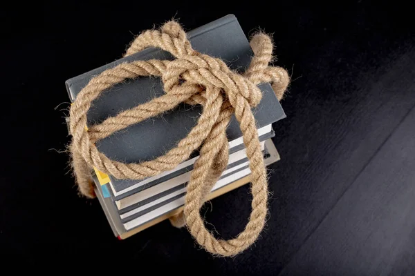 Thick Books Tied Strong Rope Thick Line Paper Dark Background — Stock Photo, Image
