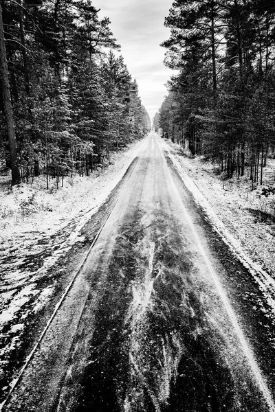 Asfaltweg Bedekt Met Sneeuw Die Door Het Bos Leidt Winterlandschap — Stockfoto