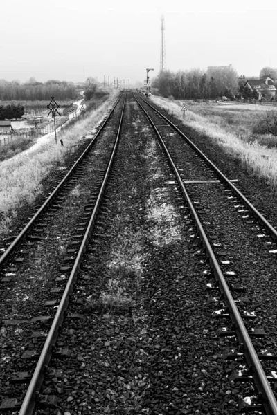 Dwa Tory Kolejowe Wiodące Przez Pola Trakcja Kolejowa Pobliżu Dworca — Zdjęcie stockowe