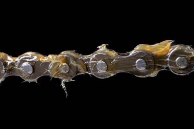 Bisiklet zincirini yağla. Hizmet işi küçük bir atölyede yapıldı. Koyu arkaplan.