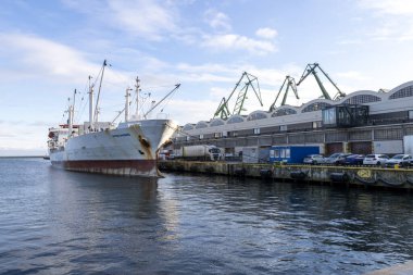 Gdynia, Pomeranya Polonya - 13 Ocak 2020: limana demirlemiş büyük kargo gemileri. Binalar ve ulaşım altyapısı. Kış mevsimi.