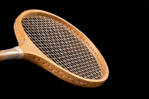 Houten Badmintonracket Accessoires Voor Spelletjes Een Sporthal Donkere Achtergrond — Stockfoto