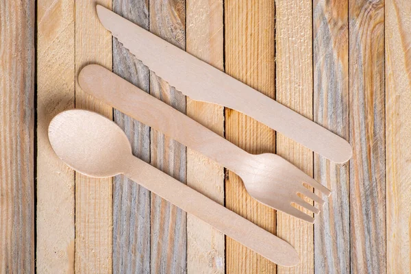 Wooden Cutlery Stacked Wooden Table Ecological Disposable Utensils Used Meals — Stock Photo, Image