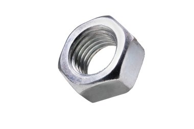 Metal ceviz ve kesik metrik iplik. Çeşitli makine parçalarını birleştirmek için aksesuarlar. İzole edilmiş arkaplan.