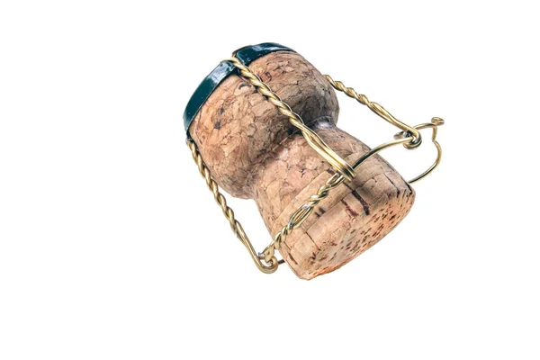 Şampanya Mantarı Metal Bir Sepetin Içinde Yılbaşı Gecesi Bir Şişeyi — Stok fotoğraf