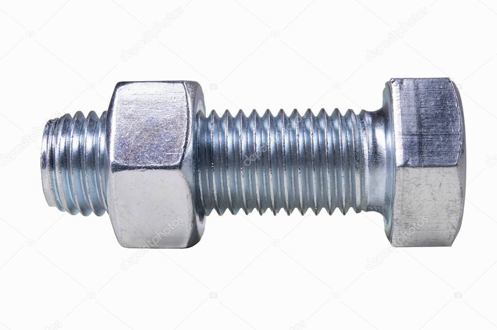 Metal bolt with nut. Accessories for assembling metal parts in a mechanical workshop. Licked background.