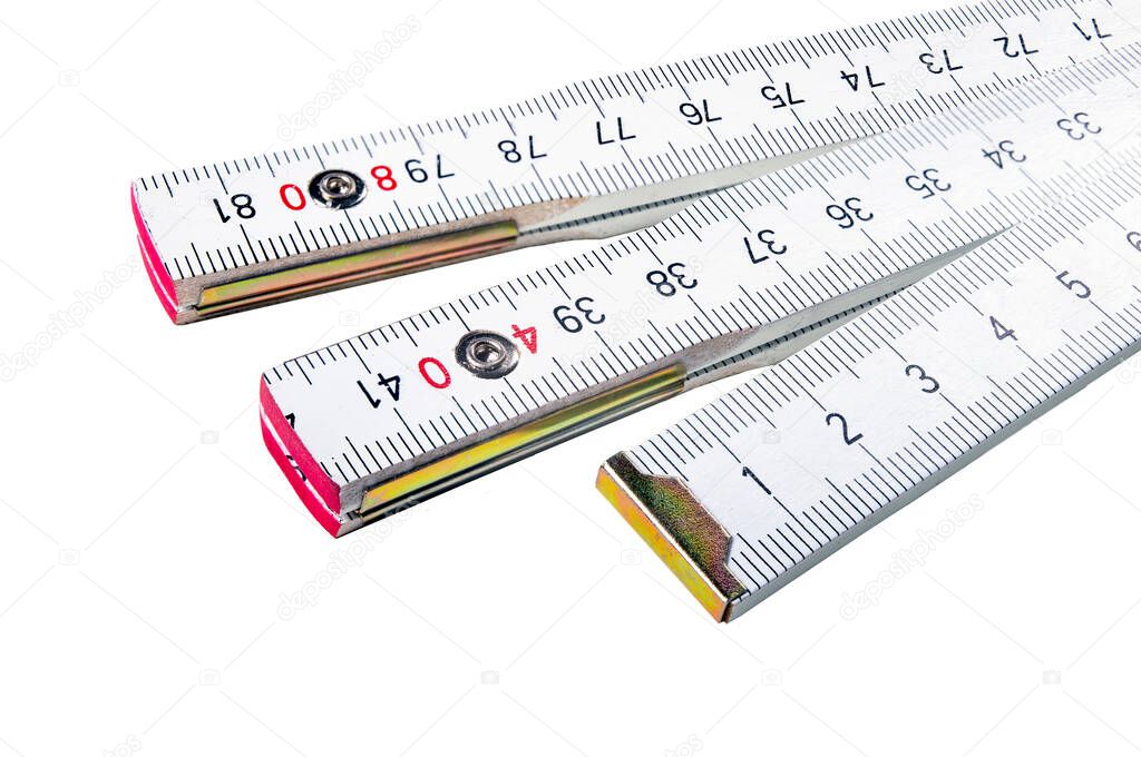 Folding rule, foldable, 1 meter long. Ruler for making carpentry measurements. Isolated background.