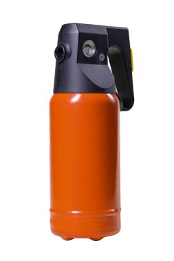A small fire extinguisher to extinguish a fire in passenger cars. Fire accessories on the car Light background.