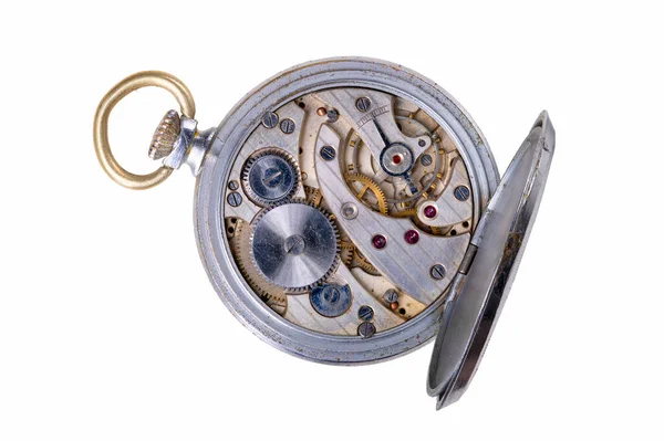Wnętrze Wiosennego Zegarka Mechanizm Przekładnie Przenośnym Urządzeniu Pomiaru Czasu Pojedyncze — Zdjęcie stockowe