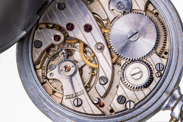 Wnętrze Wiosennego Zegarka Mechanizm Przekładnie Przenośnym Urządzeniu Pomiaru Czasu Pojedyncze — Zdjęcie stockowe