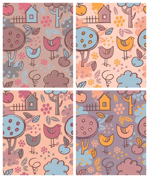 Conjunto de patrones sin costura de colores en estilo dibujado a mano en el tema de la aldea Ilustraciones de stock libres de derechos