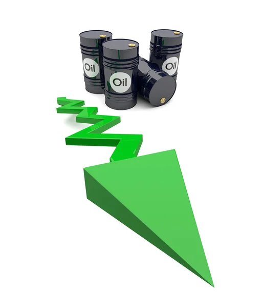 Barriles de petróleo negro 3D y flecha verde — Foto de Stock