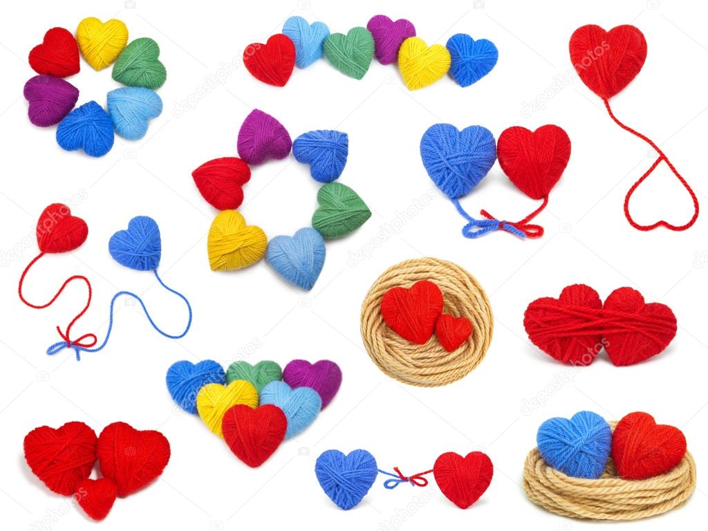 Wool hearts collection on white background