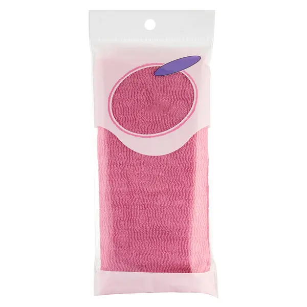 Limpiador Cuerpo Trenzado Rosa Paño Ducha Largo Empaquetado Aislado Blanco —  Fotos de Stock