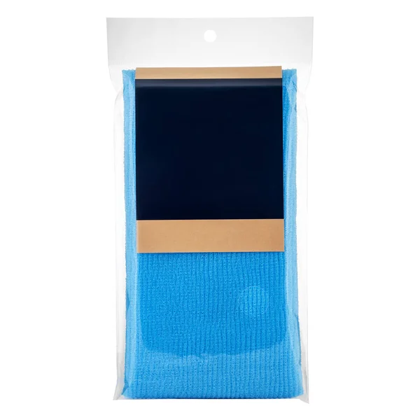 Szmata Prysznicowa Niebieskiego Plecionego Korpusu Długa Pakowana Izolowana Biało — Zdjęcie stockowe