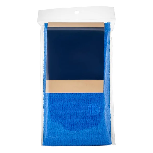 Doccia Lavabo Blu Intrecciato Corpo Scrubber Lungo Confezionato Isolato Bianco — Foto Stock