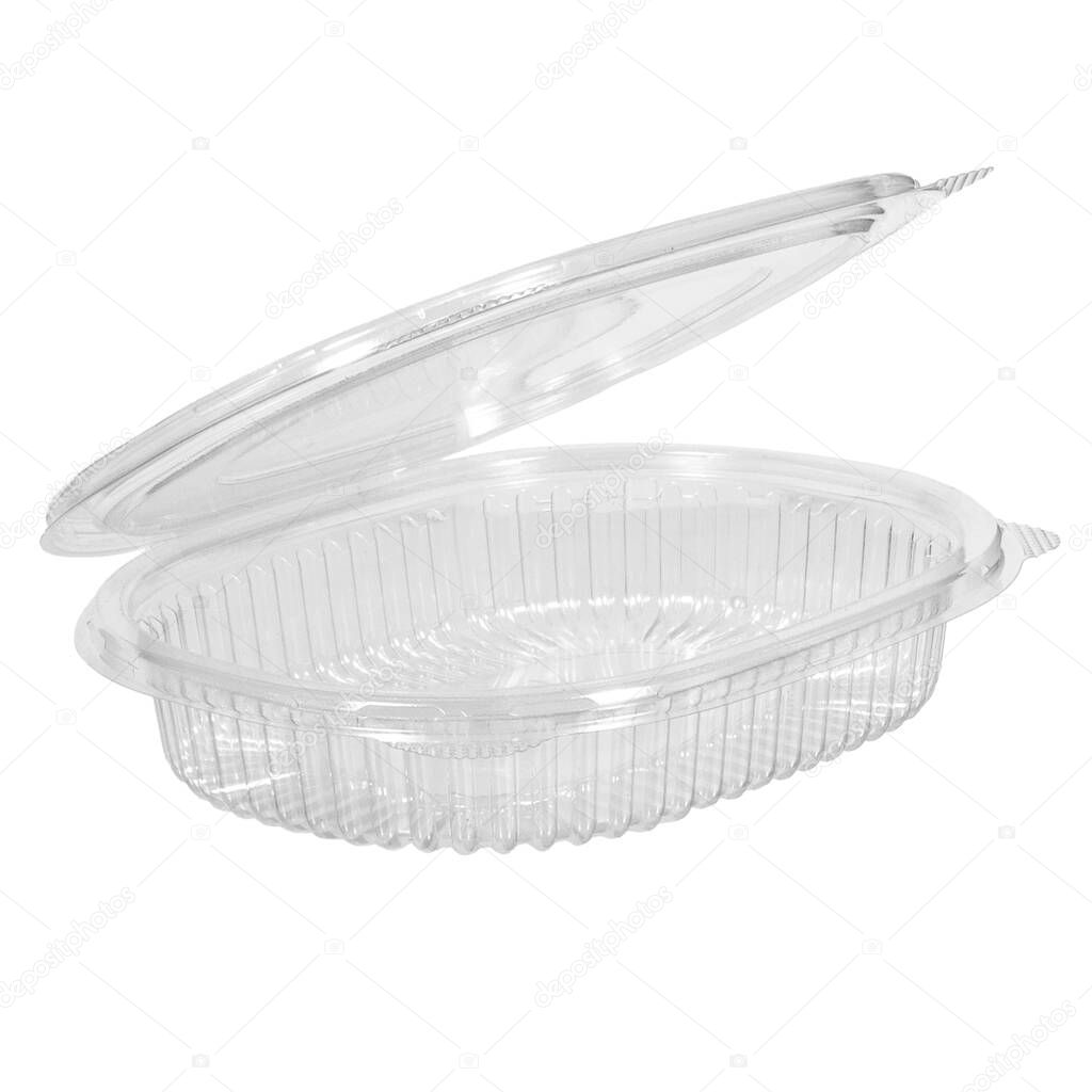 Reusable plastic transparent box for takeaway, picnic or store food isolated on white