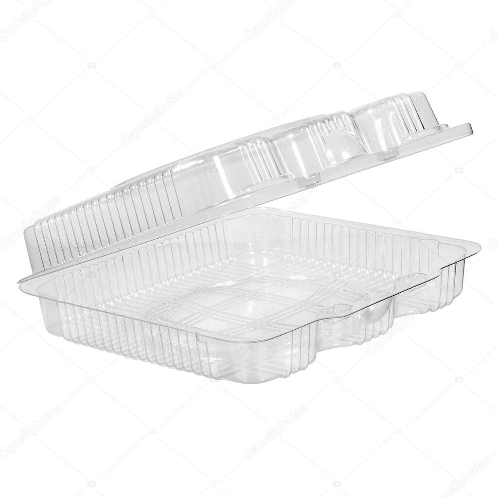 Reusable plastic transparent box for takeaway, picnic or store food isolated on white