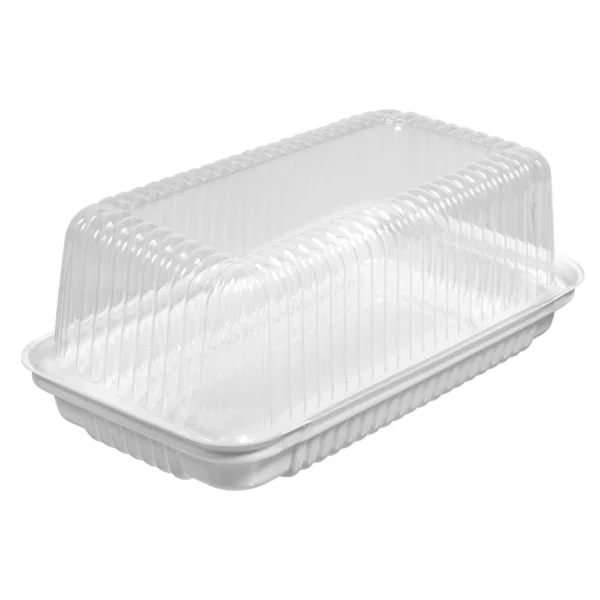 白に隔離されたベーキング ペストリー ケーキのための透明な蓋付きのブランクプラスチック長方形包装 — ストック写真
