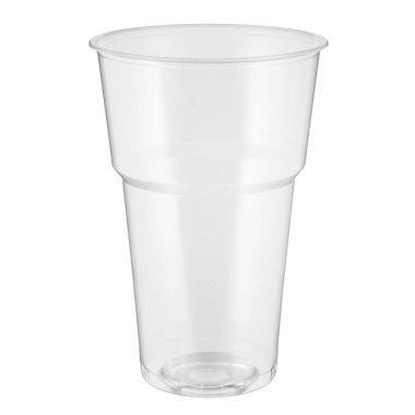 Beyaz arkaplanda izole edilmiş tek kullanımlık şeffaf plastik bardak.