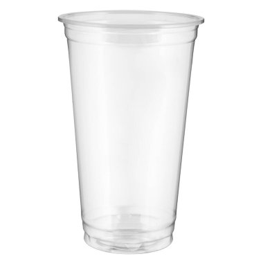 Beyaz arkaplanda izole edilmiş tek kullanımlık şeffaf plastik bardak.