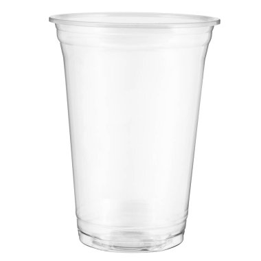 Beyaz arkaplanda izole edilmiş tek kullanımlık şeffaf plastik bardak.