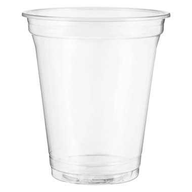 Beyaz arkaplanda izole edilmiş tek kullanımlık şeffaf plastik bardak.