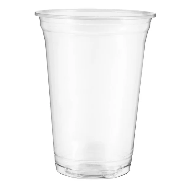 Beyaz arkaplanda izole edilmiş tek kullanımlık şeffaf plastik bardak.
